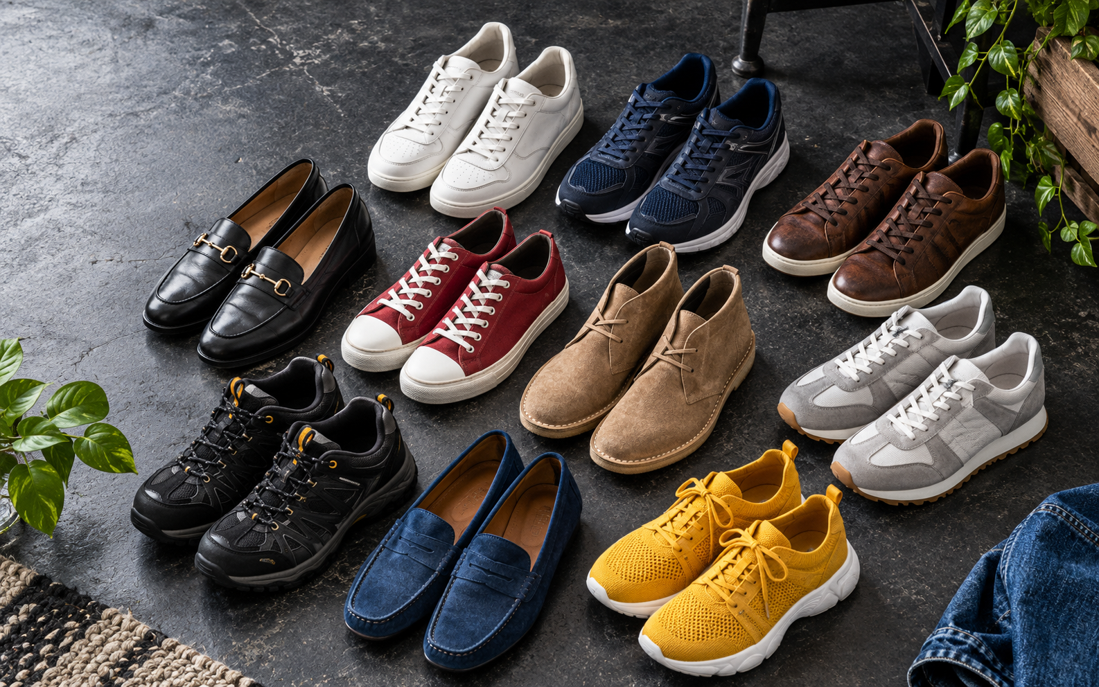 Illustrative collection of brand-new trainers and shoes