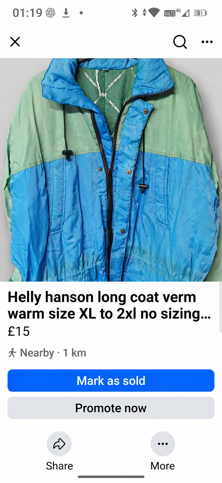 Genuine Helly Hansen Blue and green long warm coat, Approx. XL–2XL, photo 2
